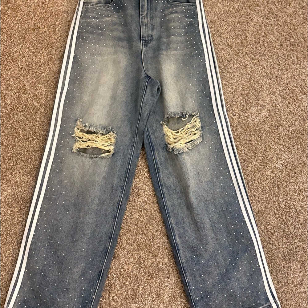 rhinestone Blue Distressed Men's Jeans